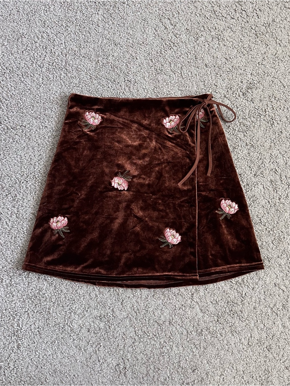 Honey Belle Floral Embroidery Brown Velvet Wrap Skirt Womens M